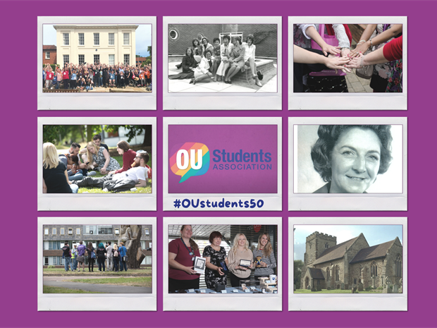Picture of OU Staff and Students standing on campus. Students Association logo is to the left, text reads #OUstudents50
