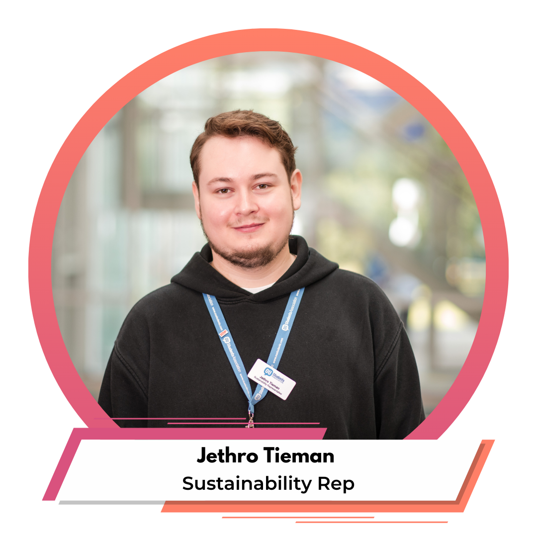 Image of Jethro Tieman. Text reads Jethro Tieman, Sustainability Rep