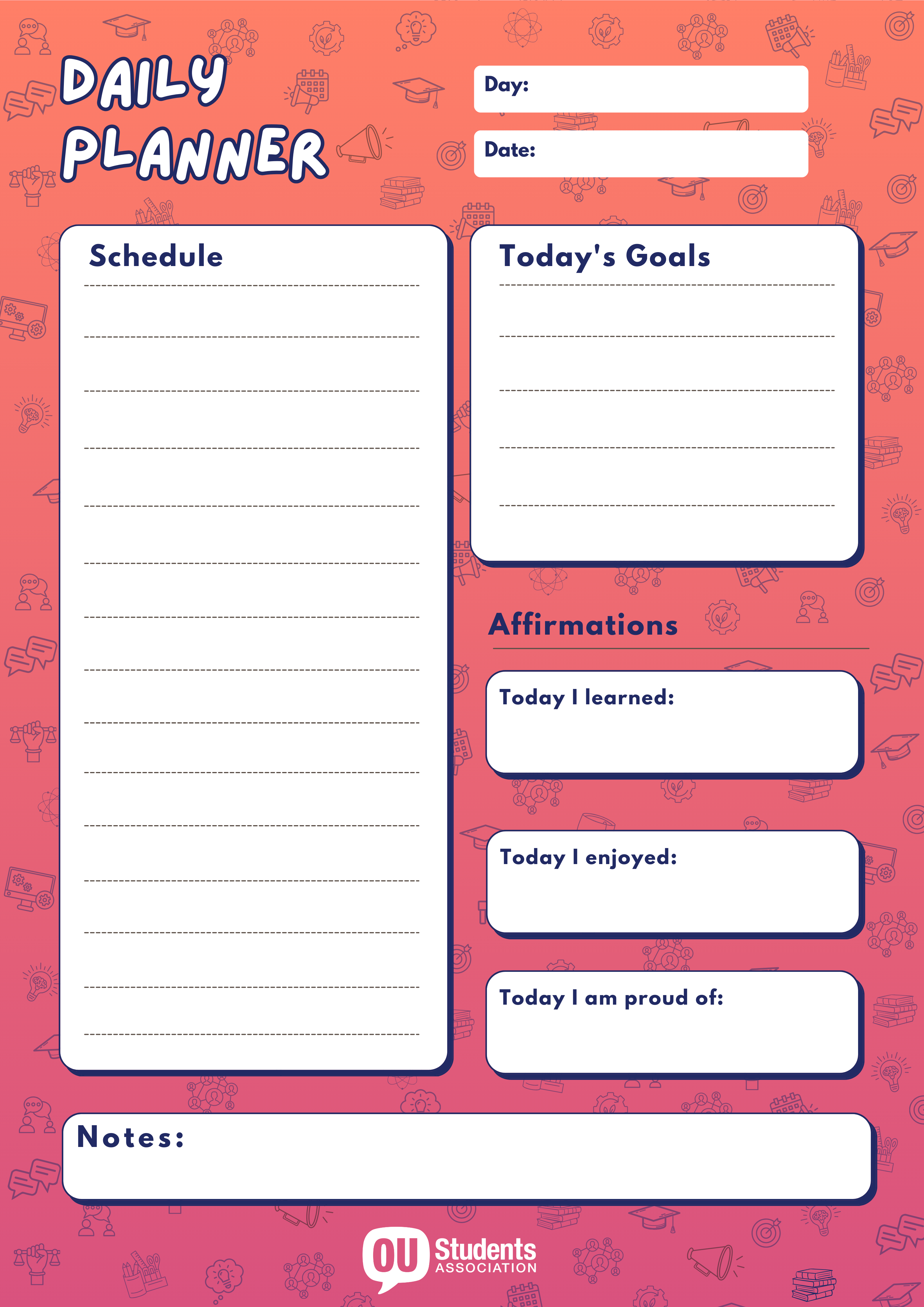 Image shows a daily planner design with the Freshers 2024 logo in the top left corner