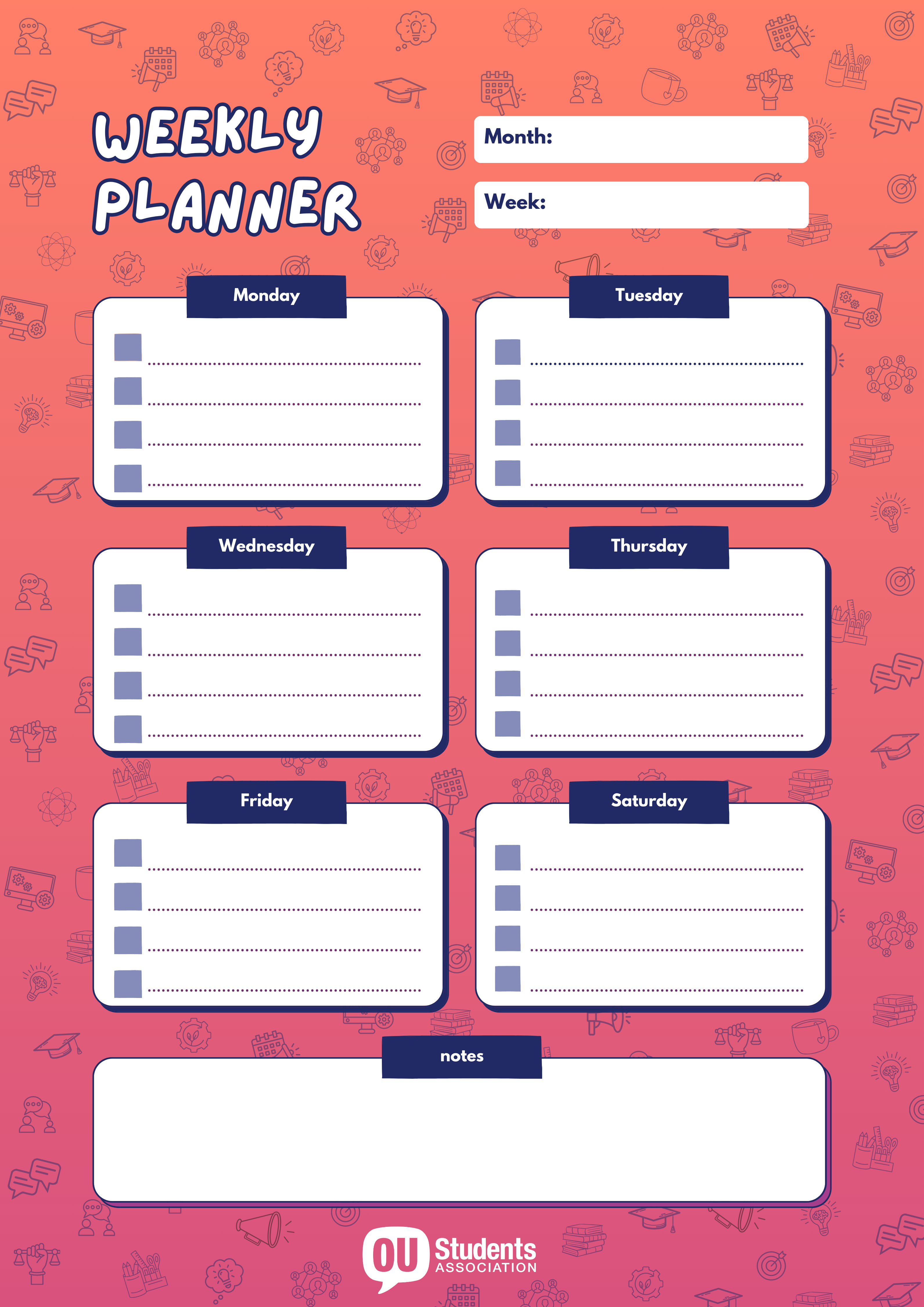 Image shows a weekly planner design with the Freshers 2024 logo in the top left corner