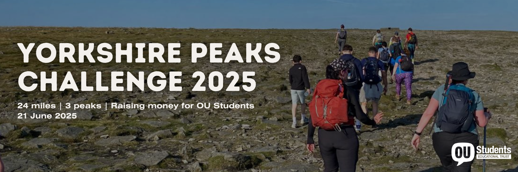 A banner that reads 'Yorkshire peaks challenge'. The background is an image of one of the hills that makes up the peaks, and bright blue skies and clouds behind it.