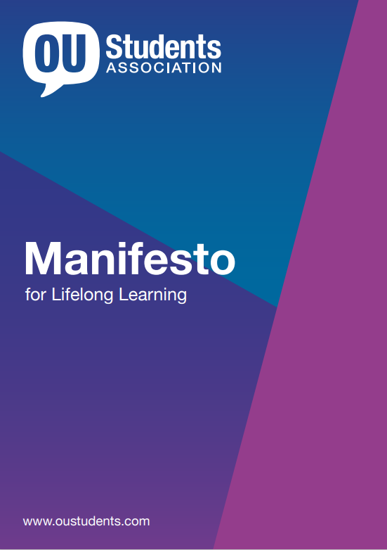 A blue, purple and green background with text reading 'Manifesto for Lifelong Learning' with the OU Students Association logo in the top left corner, and www.oustudents.com at the bottom.